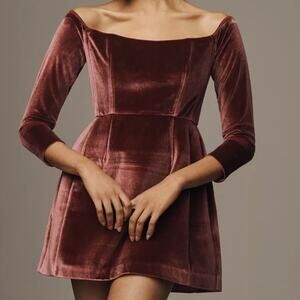 HUTCH x ANTHRO NWT Long-Sleev Square-Neck Velvet Flair Mini Dress Burgundy Red 8